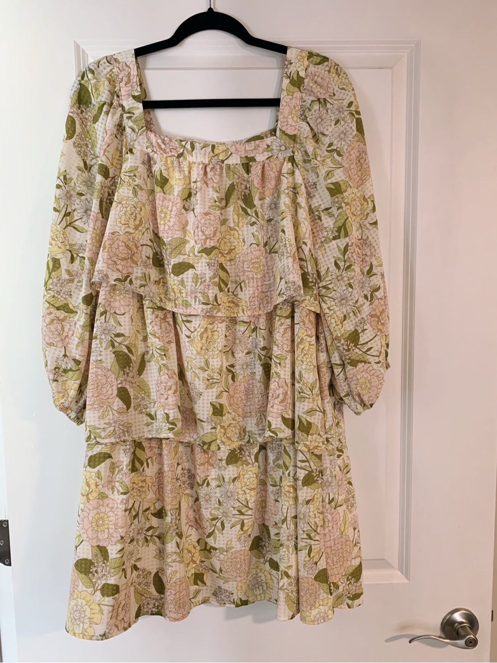Who What Wear Cream and Green Tiered Square-Neck Mini Dress